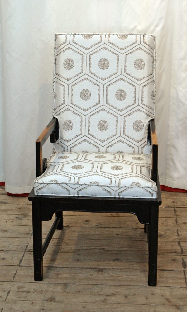 A Hollywood Regency style armchair inspired by historical Chinese designs, Circa 1950s. Re-covered in a Chinese inspired fabric from Rubelli fabrics, Venice