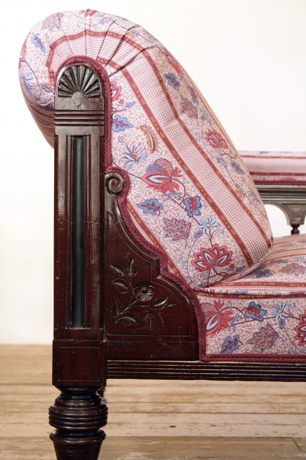 An Aesthetic Movement Chaise Longue possibly by Lamb of Manchester upholstered in Quenin fabric