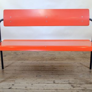 Original R W Bamforth thick tubular steel and formica-covered plywood school bench c.1960.