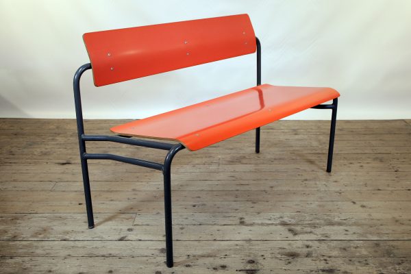Original R W Bamforth thick tubular steel and formica-covered plywood school bench c.1960.