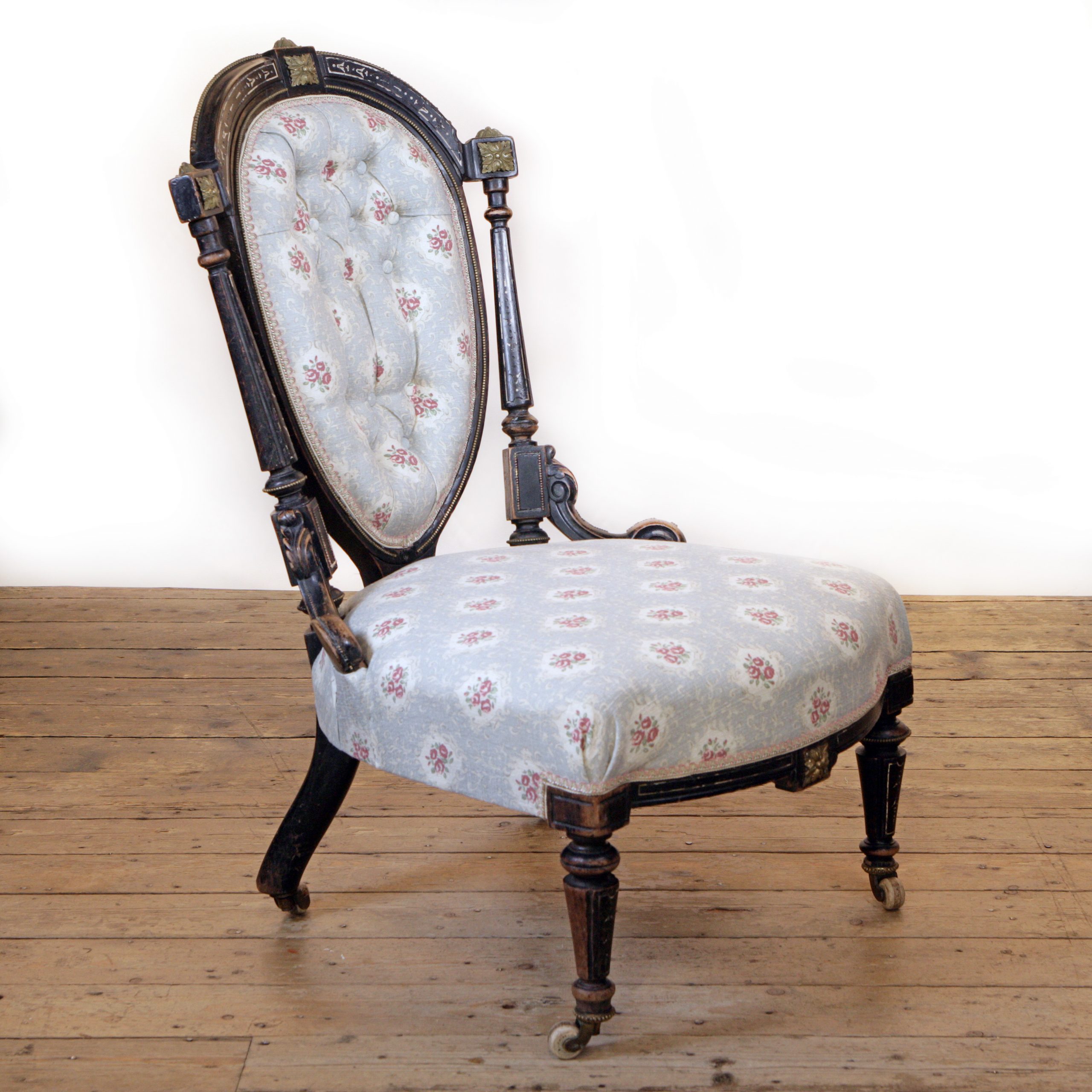 French antique bedroom chair in Inchyra Posy linen fabric