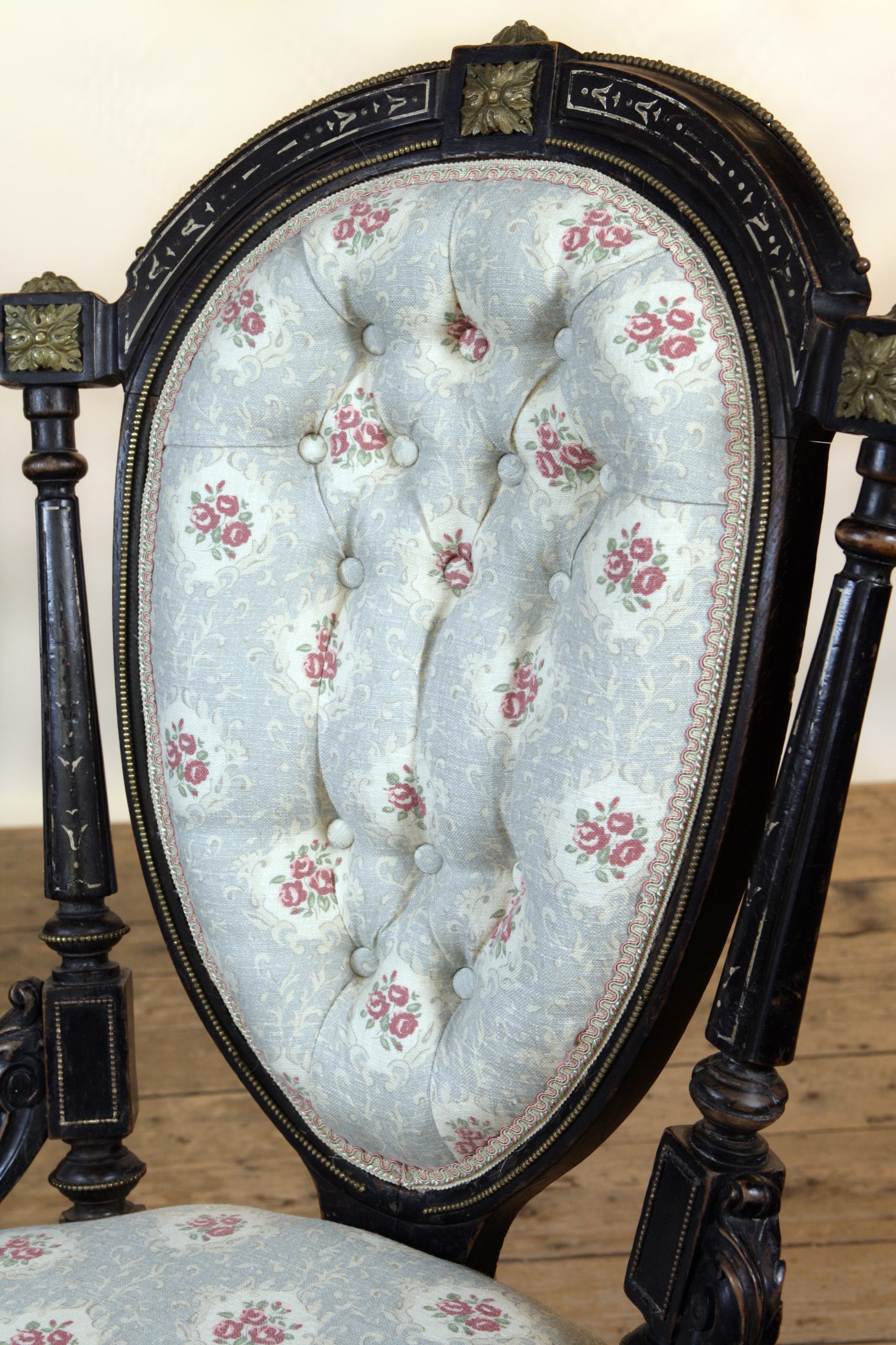 French antique bedroom chair in Inchyra Posy linen fabric