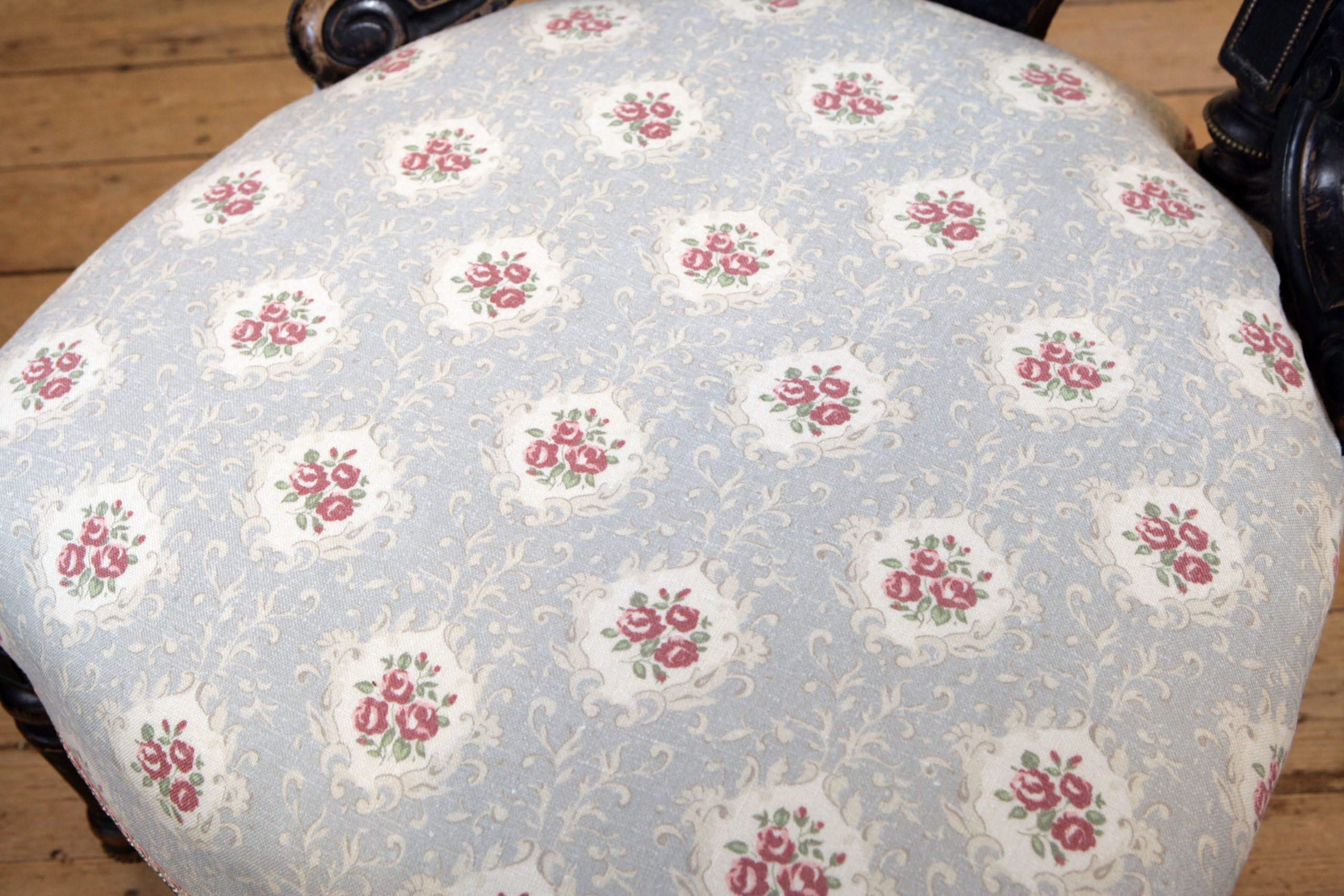 French antique bedroom chair in Inchyra Posy linen fabric